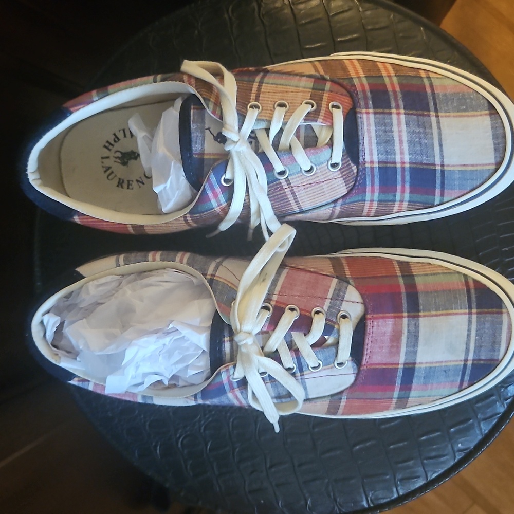 Ralph Lauren Polo Thorton III Madras Plaid Canvas Lace Up Shoes EUC, Classic - Picture 2 of 13